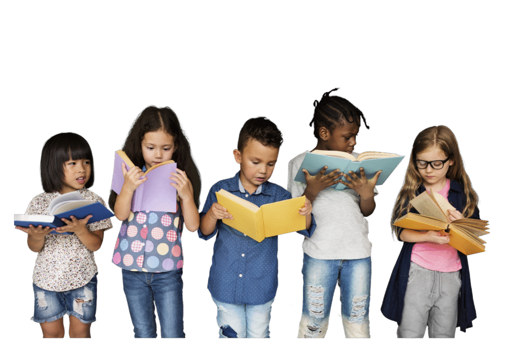 vijf kinderen lezen boeken